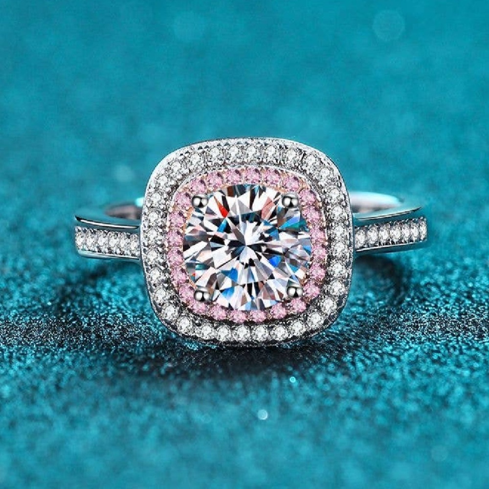 Pink Halo Moissanite Ring | 925 Sterling Silver | Size 9| Engagement Style - Picture 3 of 5